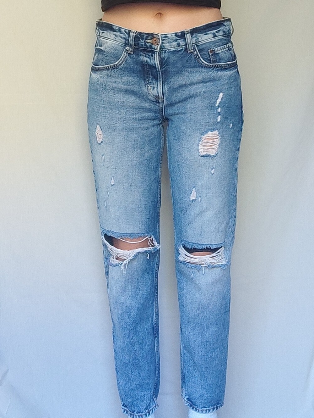 & Denim Distressed Mid Wash Mid Rise Jeans